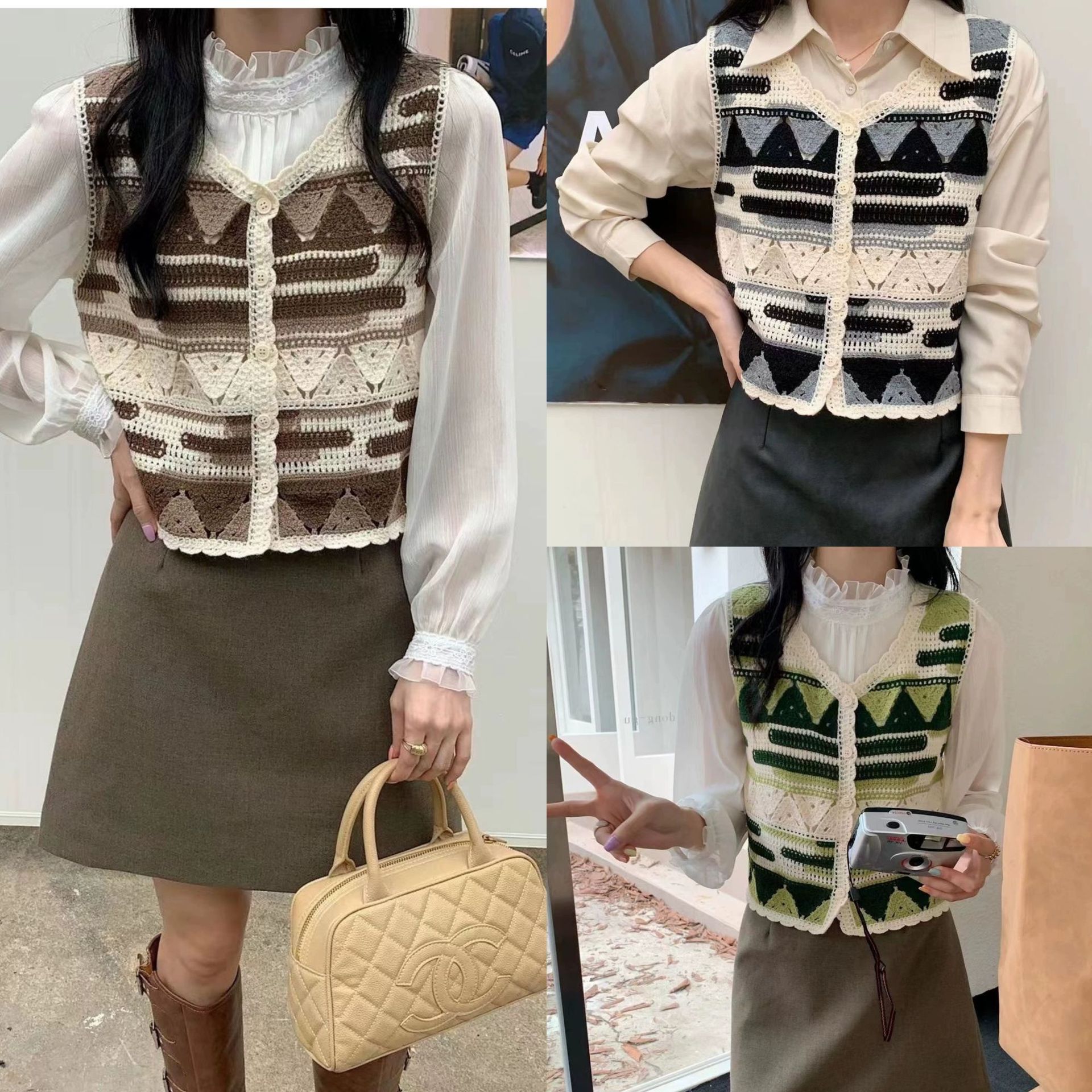 Korean style retro crocheted hollow-out Vest Women's early spring college style loose short niche thin cardigan vest