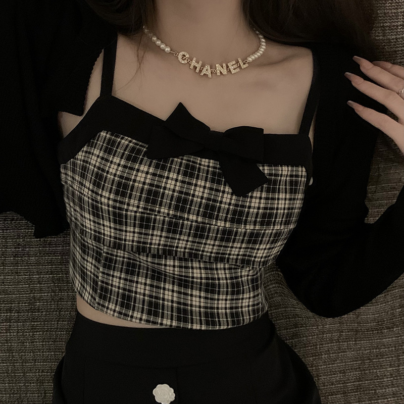 Princess Bow Plaid Small Camisole Women's 2023 Summer New Sweet Pure Desire Bottoming Top