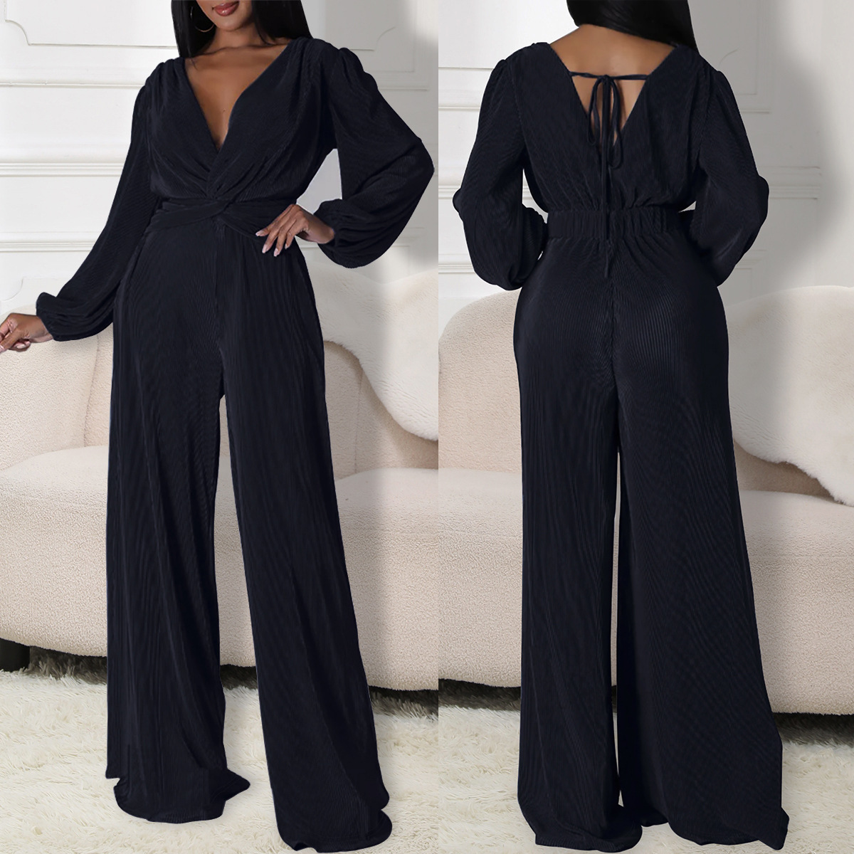 Cross-border Amazon European and American Spring and Autumn Women's Long-sleeved V-neck waist slimming casual jumpsuit