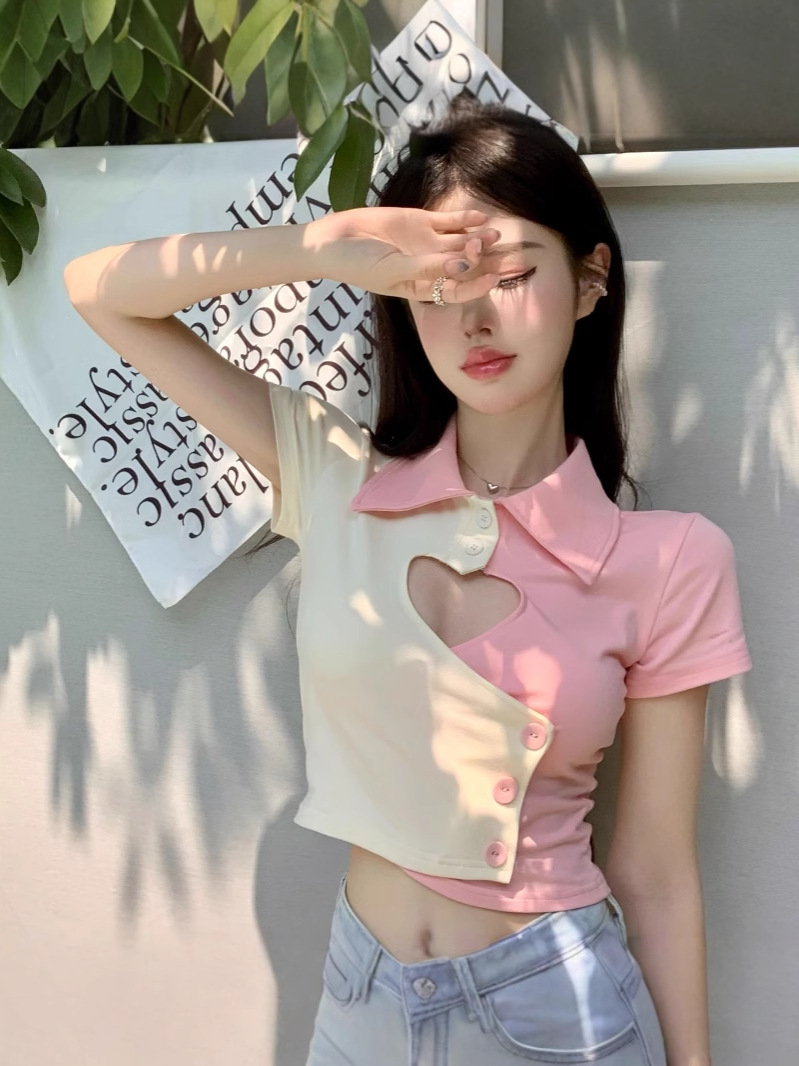 [Factory in stock] Sweet Spice Girl Hollow Short-sleeved T-shirt Women's Summer Polo Collar Slim-fit Design Niche Top