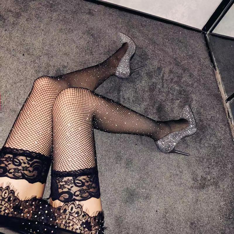 Sexy rhinestone black stockings lace over-the-knee socks ins women's long summer and autumn skinny leg versatile thin