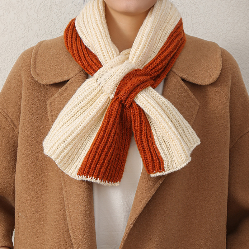 Picture of Small Scarf Short Women's Autumn and Winter Cross Knitted Scarf Korean Style Color Matching Versatile Winter Warm Lazy Neck Protector Popular