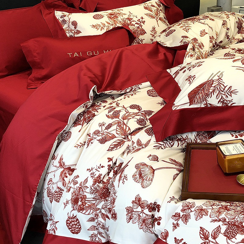 Modern Wedding Cotton Four-piece Cotton Wedding Flower Digital Printed Quilt Cover Bedding Bed Cover Red