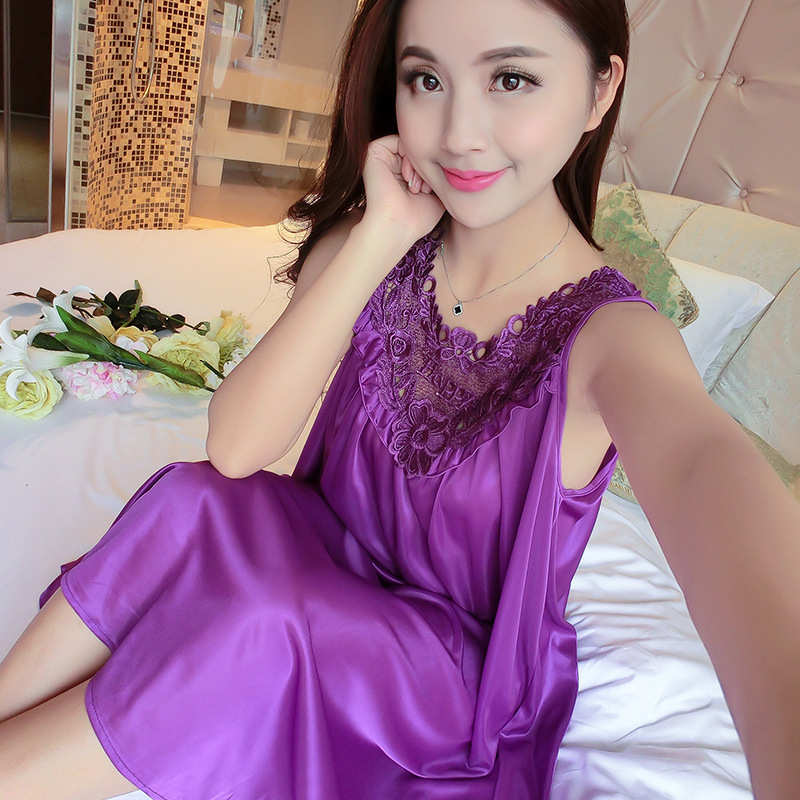 Spring and Summer Imitation Silk Nightgown Women's Pajamas Summer Ice Silk Lace Large Hem Skirt Pure Color Home Clothes Large Size Comfortable