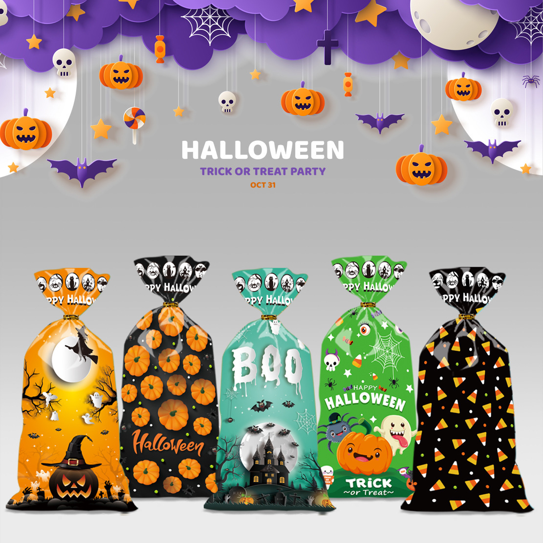2025 New Halloween Candy Bag Flat Pocket with Silk Snowflake Crispy Gift Gift Packaging Bag Spot Wholesale