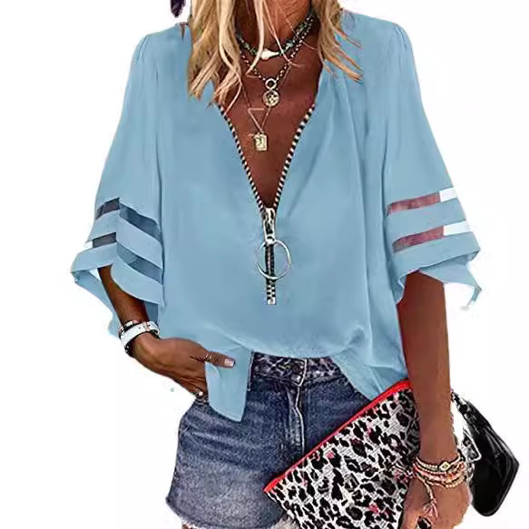 Picture of 2025 European and American Amazon New V-neck Zipper Shirt Half Horn Sleeve Mesh Stitching Loose Casual Shirt Women