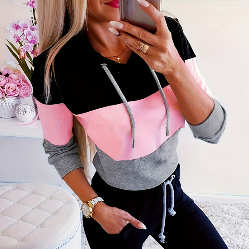 2024 Autumn European and American AliExpress Explosions Top Sexy Color-matching Hooded Features Loose Long Sleeve Top
