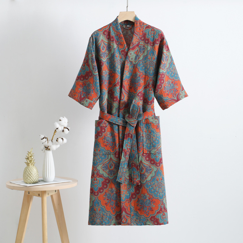 Picture of Pure Cotton Double Gauze Bathrobe Class A Thin Pajamas for Spring and Summer Home Clothes Nightgown Couple's Water Absorbent Quick-drying Bathrobe