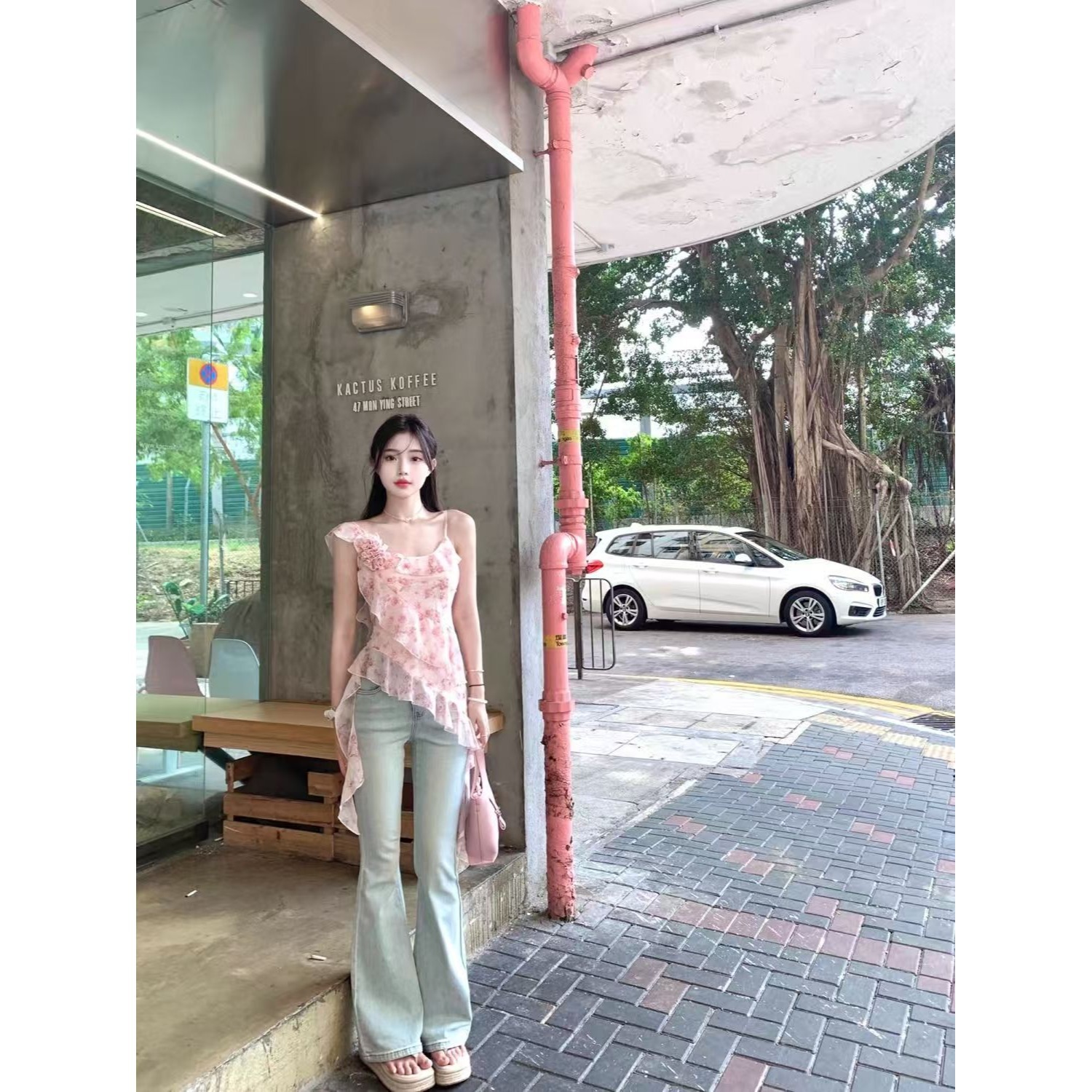 Lace Splicing Girly Micro-Flared Stretch Jeans for Women 2025 New Light-Colored High-Waist Slimming Look Butt-Lifting Flared Pants