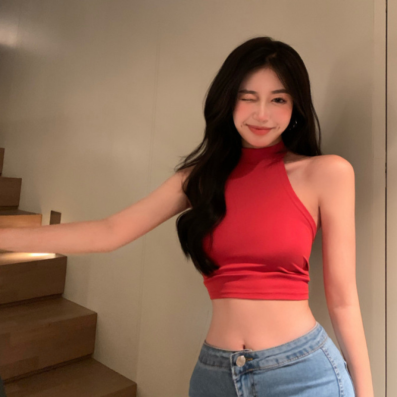 Halter Neck Camisole Women's Design Niche Outer Wear Red Hot Girl Short Tube Top Backless Sleeveless Top Summer