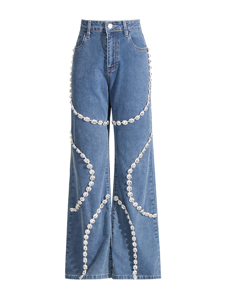 Picture of Fashionable Personalized Jeans for Women 2025 Summer New Trendyy Ring Rhinestone Splicing Design Straight Pants