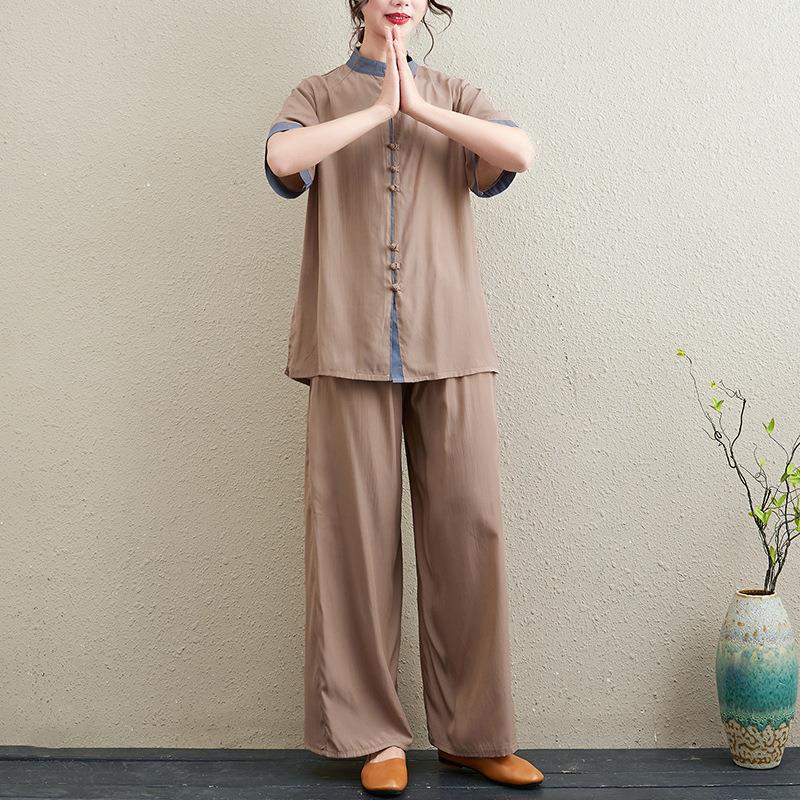 Picture of 2024 Summer New Chinese Style Retro Loose Slim Casual Temperament Zen Tea Wear Yoga Wear Tai Chi Suit for Women