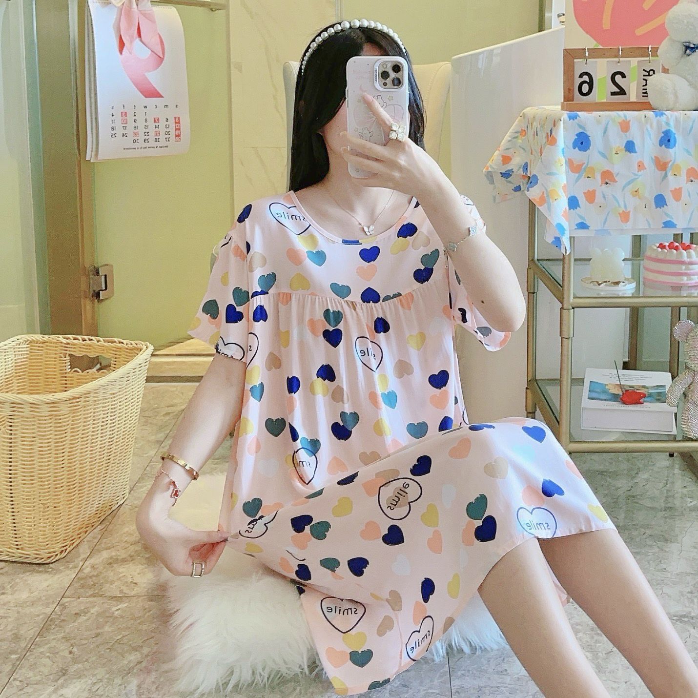Picture of Cotton Silk Nightgown Women's Spring and Autumn Summer Thin Pajamas Korean Sweet Girls Online Celebrant Live Explosions Home Outwear Skirt