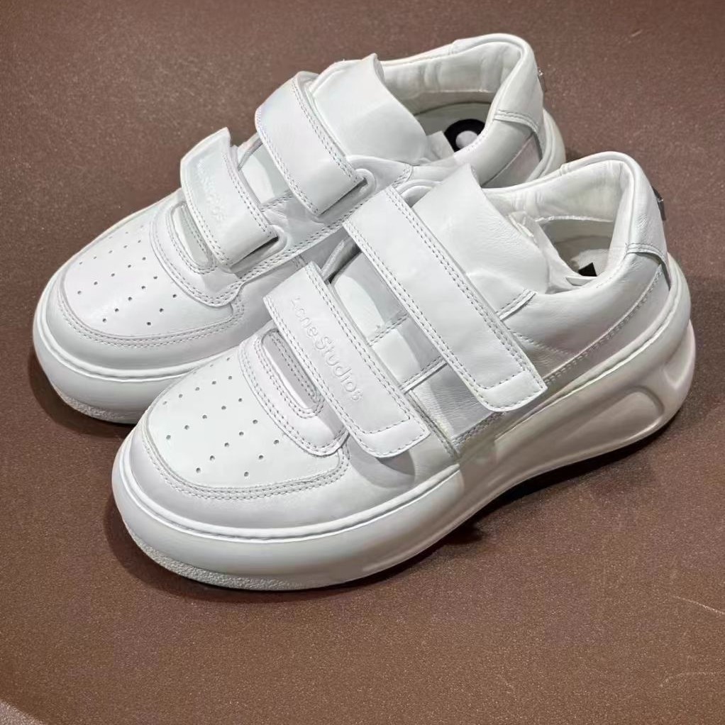 Guangzhou Ding Version White Shoes for Women with 7cm Height Increase Metal Smiley Toe Layer Cowhide Sneakers Thick Sole Velcro Trbottomy and Cool