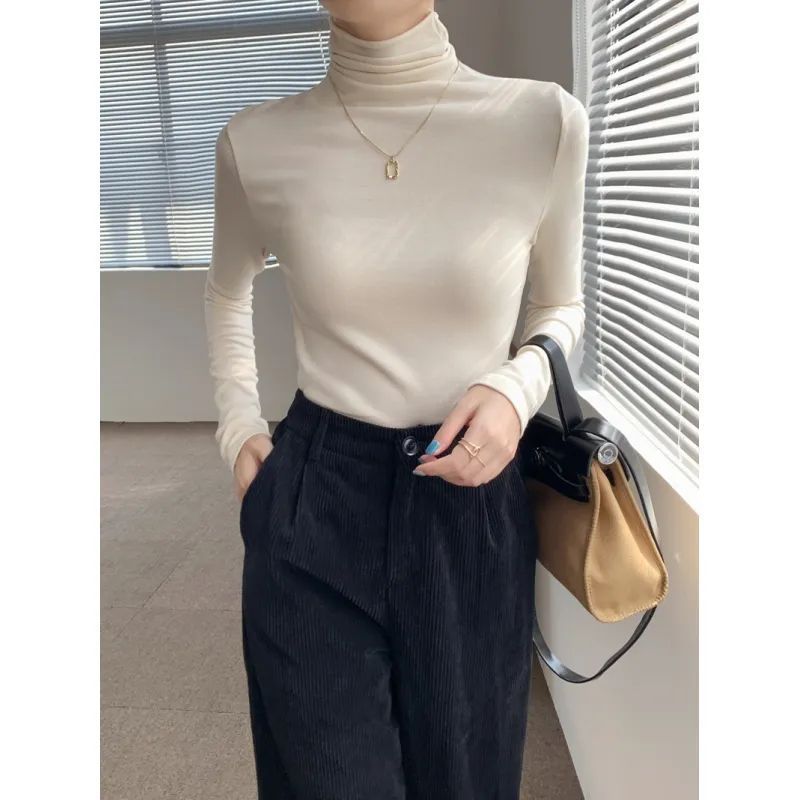 European high collar soft fleece-lined long sleeve T-shirt women's 2024 autumn and winter new solid color inner base shirt top