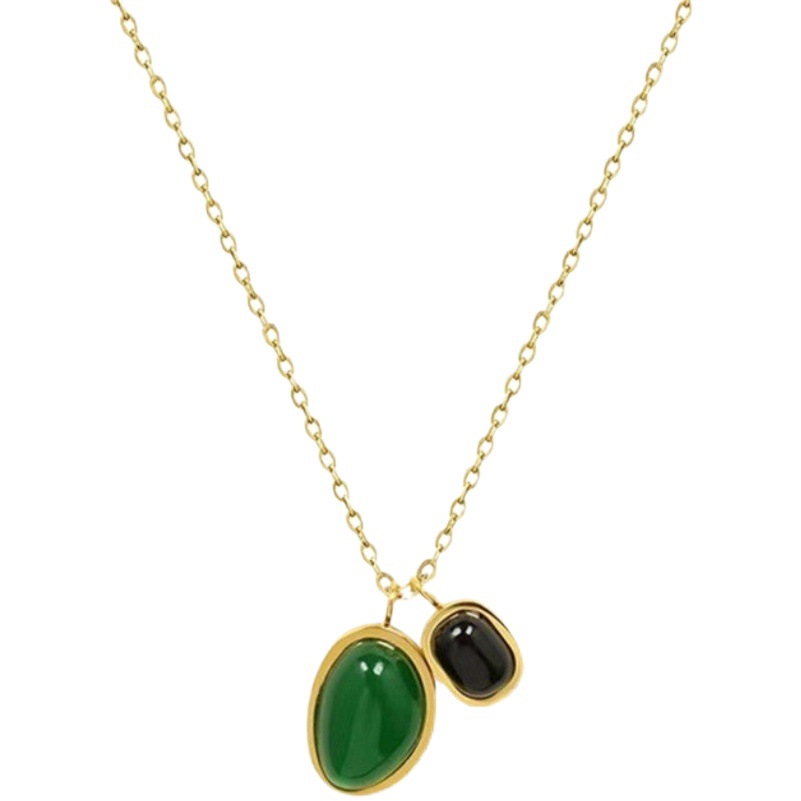 2022 New 18K gold plated natural green black agate stone necklace female high sense design niche does not fade