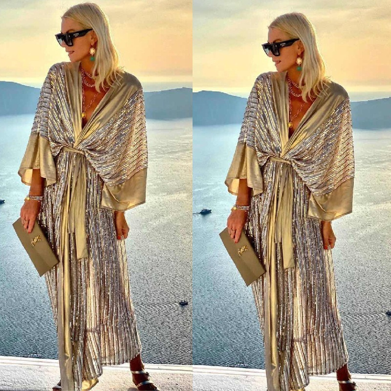 Picture of Wish Amazon AliExpress 2022 beads cardigan batwing sleeve party sequins dress tassel dress INS