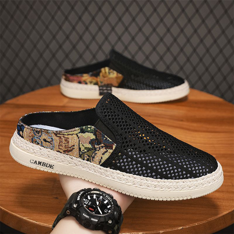 New Half-Slippers for Men in Summer, Mesh Hollow Men's Lazy Slip-Ons, Beach Heelless Cloth Slippers for Men