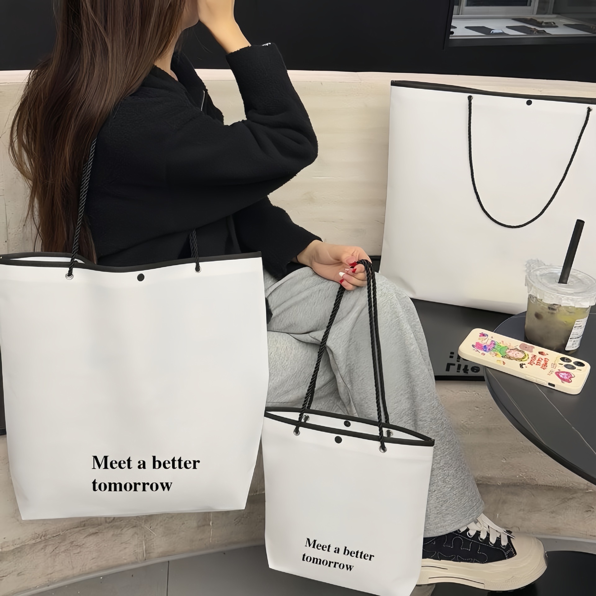 New Style Woven Rope Shoulder Non-Woven Women's Clothing Bag Trendy New Buckle Thickened Gift Tote Bag