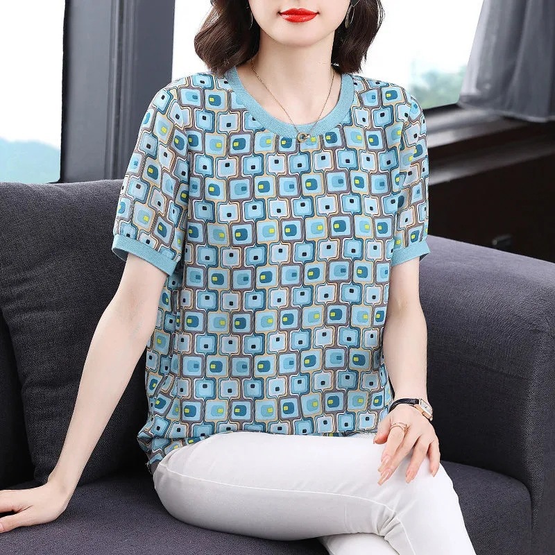 Short-Sleeved T-Shirt for Women 2025 Summer New Style Middle-Aged Mother's Clothing Loose Large Size Western Style Belly-Covering Shirt Women's Top