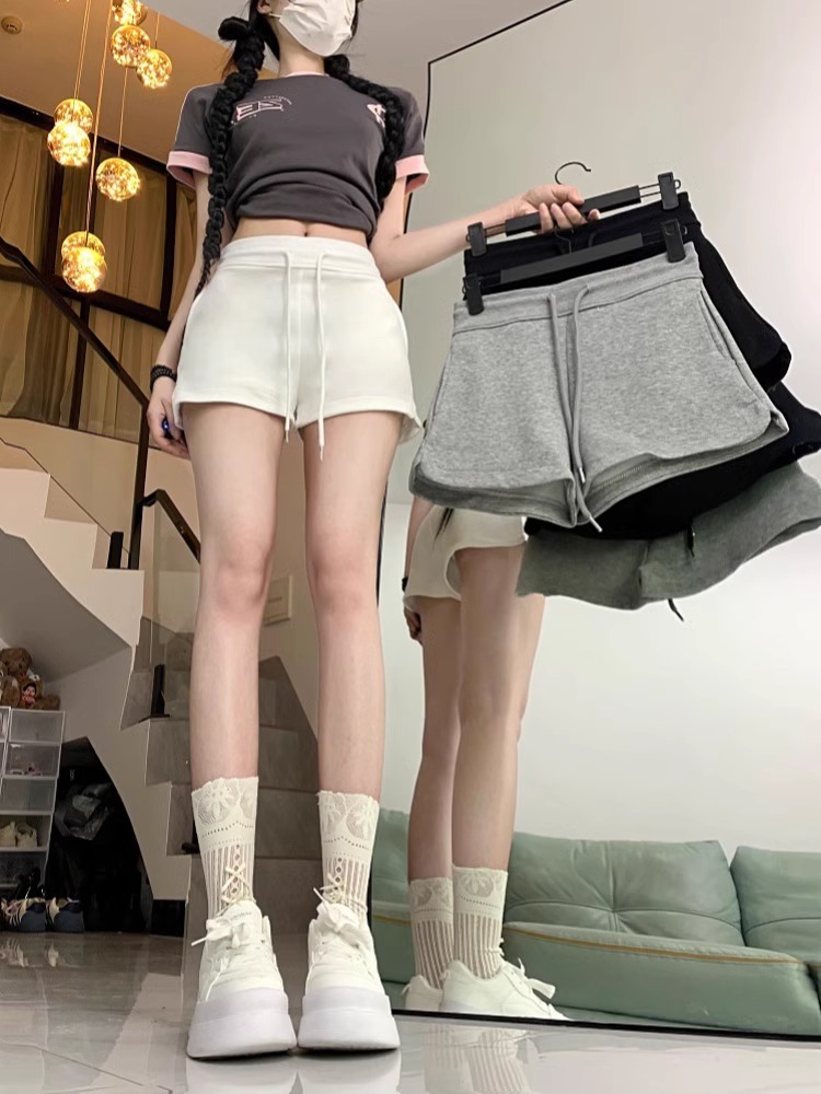American Spice Girls Gray Sports Shorts Women's 2024 Summer All-match High Waist Slimming Strap Small Casual Pants