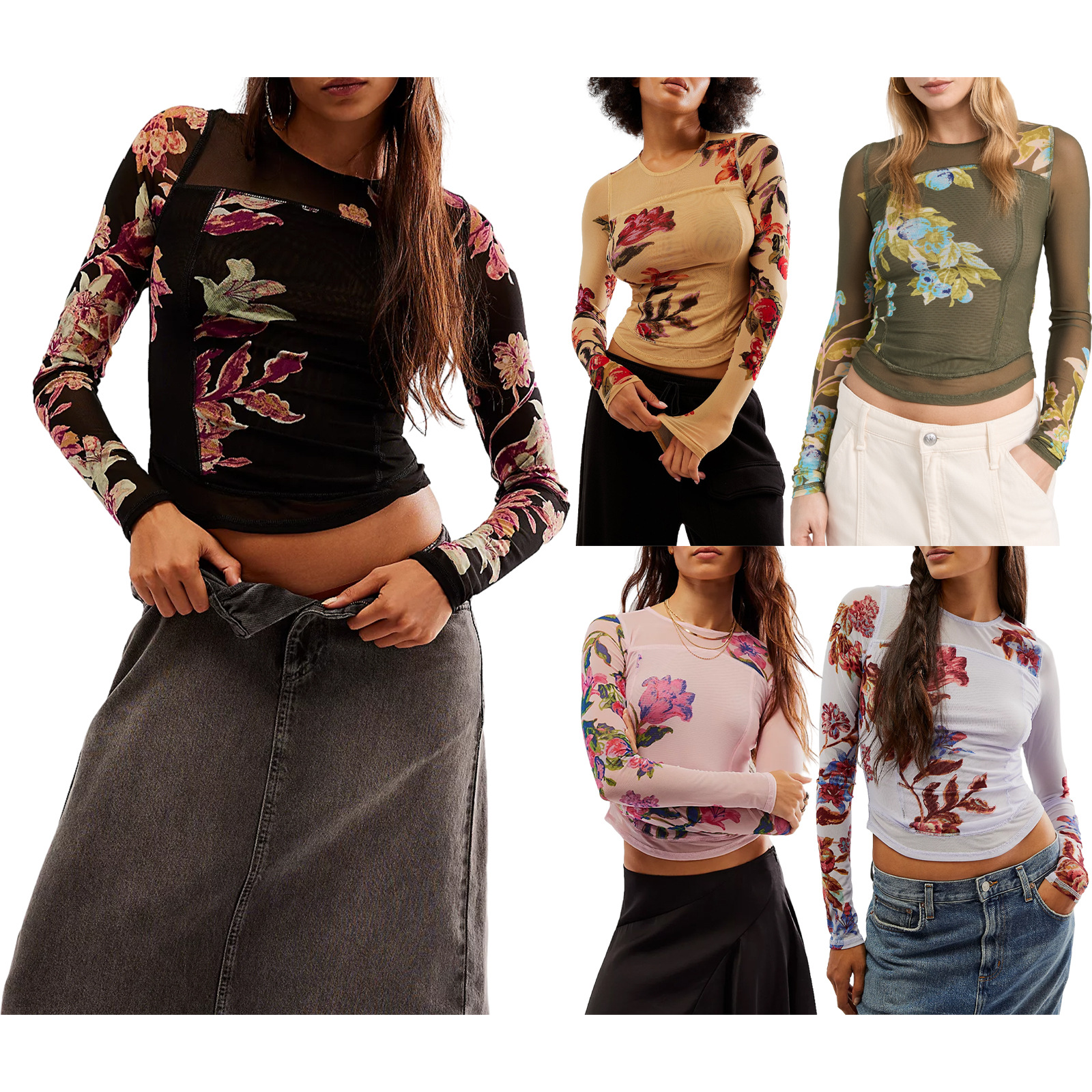 2024 New Amazon Hot Selling Mesh Double Layer Spring and Summer Digital Printed Flower Hot Products Slim Long Sleeve T-Shirt for Women