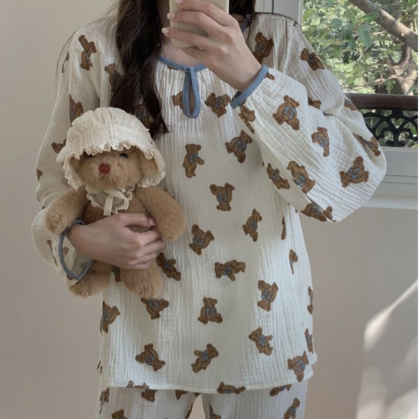 South Korea Ins Women's Korean-Style Bear Lace-Up Bow Contrast Color Round Neck Double-Layer Cotton Yarn Home Clothes Pajamas suit