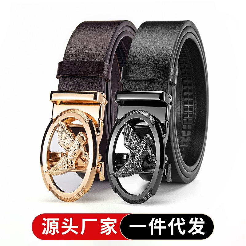 Men's Genuine Leather Business Eagle Belt Single Buckle Belt Men's First Layer Cowhide High-End Trouser Belt Cross-Border Ready Stock