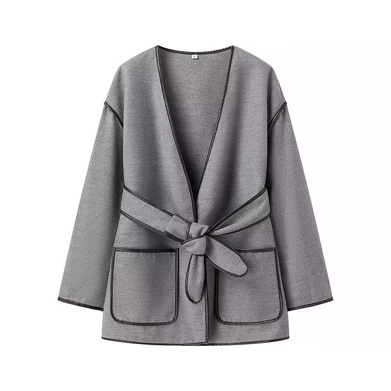 European and American Cross-Border Wholesale 2024 Autum Women's Clothing Elegant Retro Gray Women's Belt Double-Sided Woolen Coat