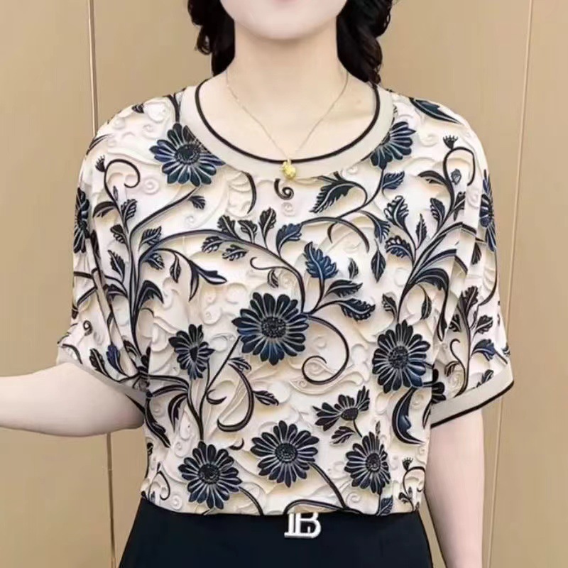 Printed Plus Size Mother's Clothing Summer Fashion Middle-Aged and Elderly Design Sense of Design Age-Reducing Short-Sleeved T-Shirt Women's Tops Wholesale