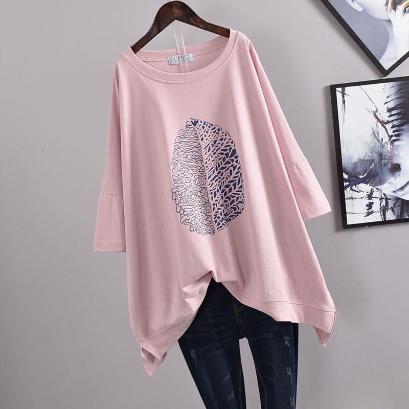 Picture of 100kg Plus Size Women's Summer Leaf Print Casual Slit Mid-Length Short Sleeve T-Shirt Loose Oversized Style