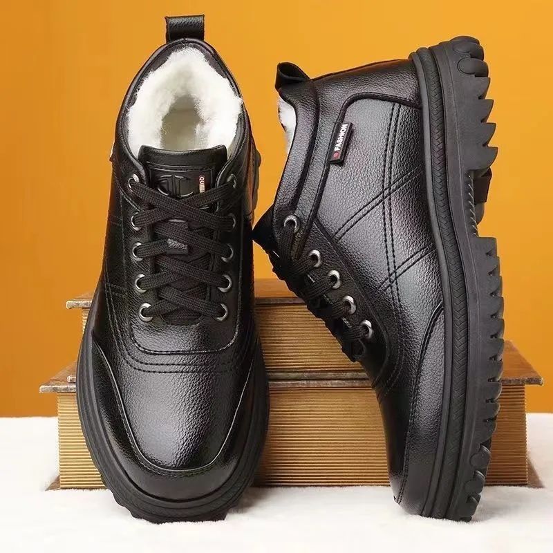 Cross-border Men's Cotton Shoes Mid-top Warm fleece-lined Casual All-match Winter Leather Running Shoes Middle-aged Fashion Casual Shoes