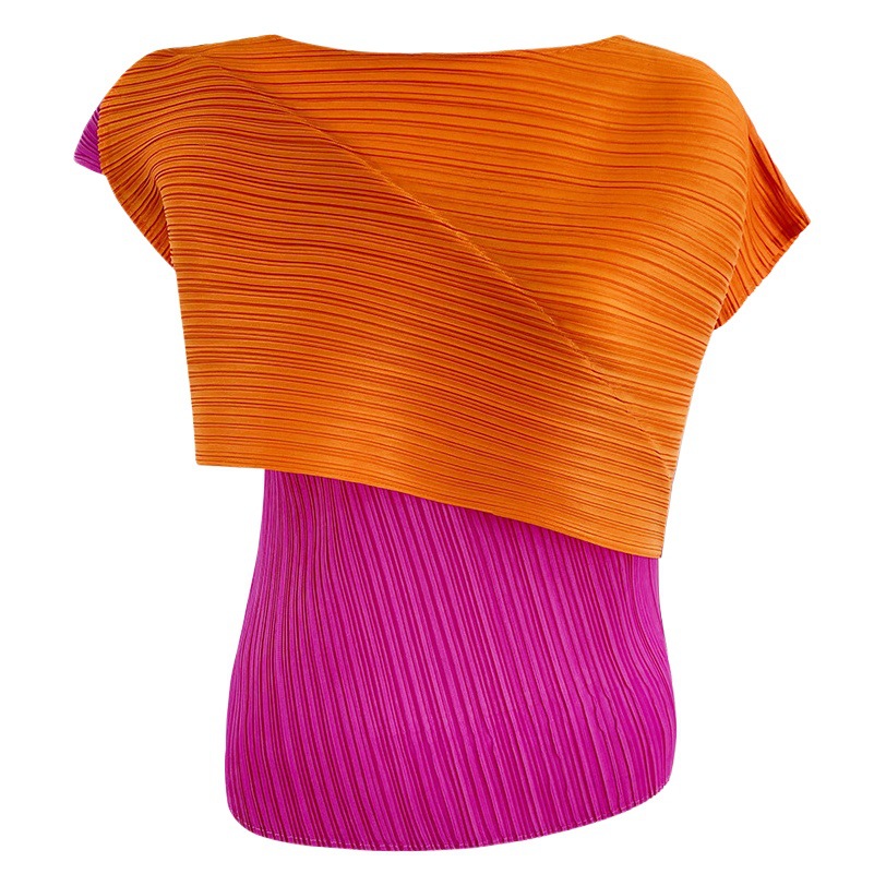 Tweed Style Color-Blocked Asymmetrical Fashion Versatile Top 2025 Summer Style One-Line Collar Sleeveless Casual Fashion T-Shirt