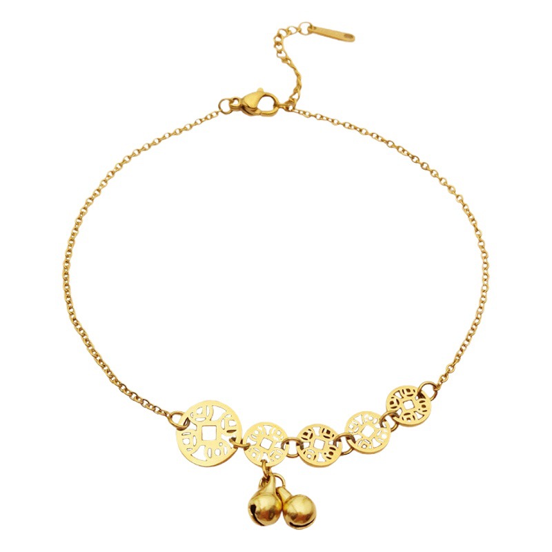 Shake the Sound Explosion Korean Net red transfer golden coin copper anklet ins recommended non-fading titanium steel anklet female