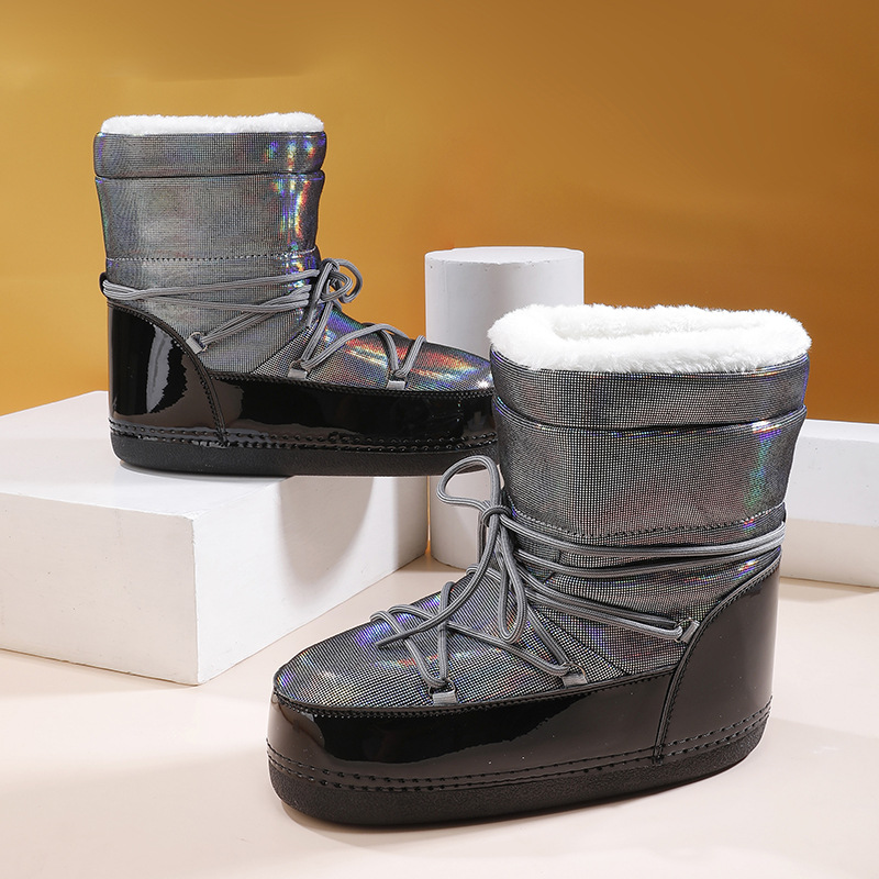 Cross-border Same Style 2025 Winter Ski Space Boots Fashionable Round Head Mid-tube Women's Snow Boots Thickened Non-slip Moon Shoes