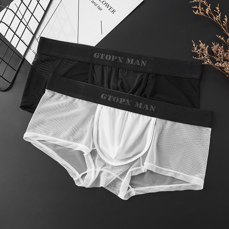 Men's Summer Mesh Ice Silk Low-Waist See-Through Boxer Briefs Transparent Sexy Mesh Breathable Japanese Style Boxer Briefs
