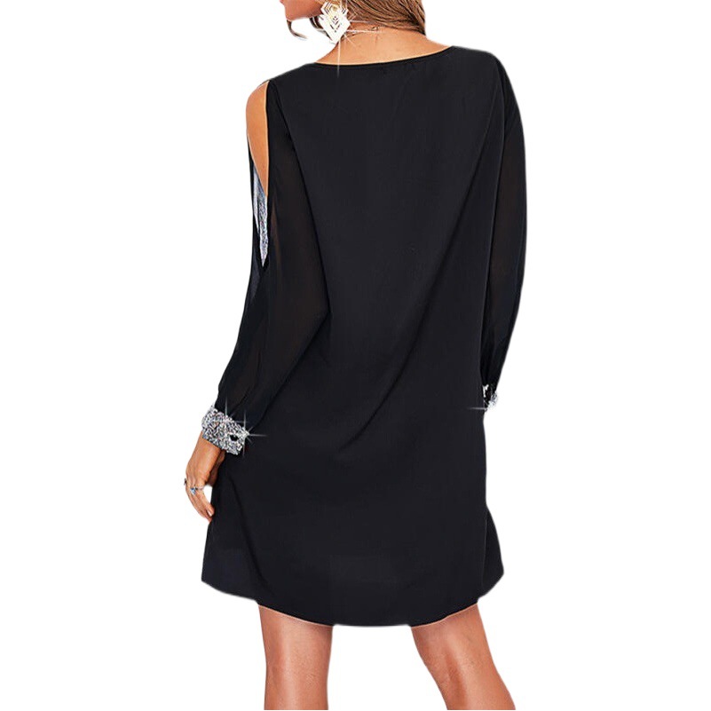 European and American Cross-border New Women's Solid Color Shoulder Sleeve Casual Fashion Deep V-neck Sequin Stitching dress 9124