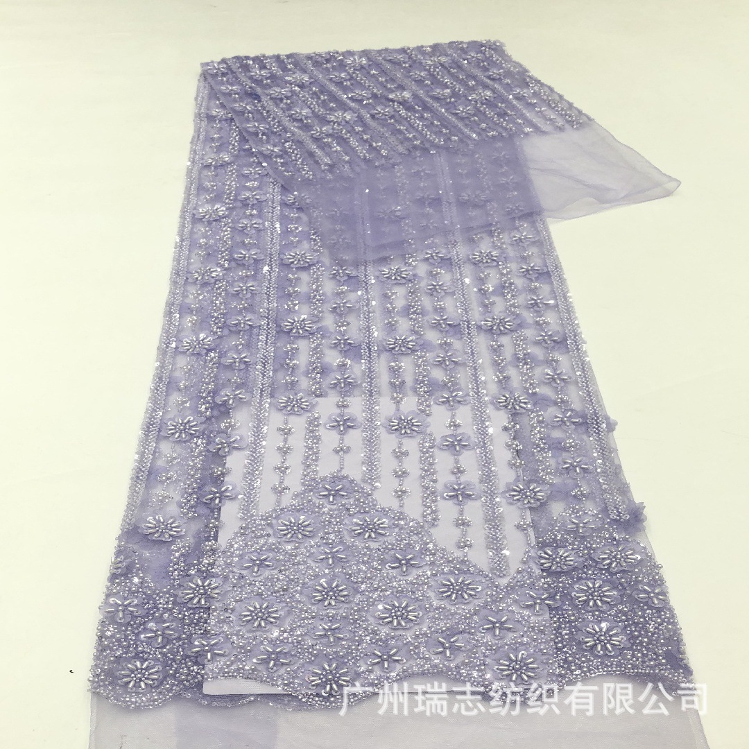 Foreign trade new straight stripe three-dimensional laser small flower bead tube embroidery fabric fairy dress wedding dress embroidery fabric