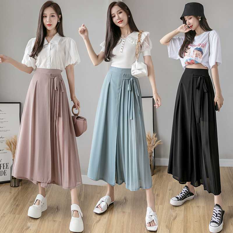Real shot spring and summer new Korean style pleated chiffon trousers large size elastic waist casual pants skirt