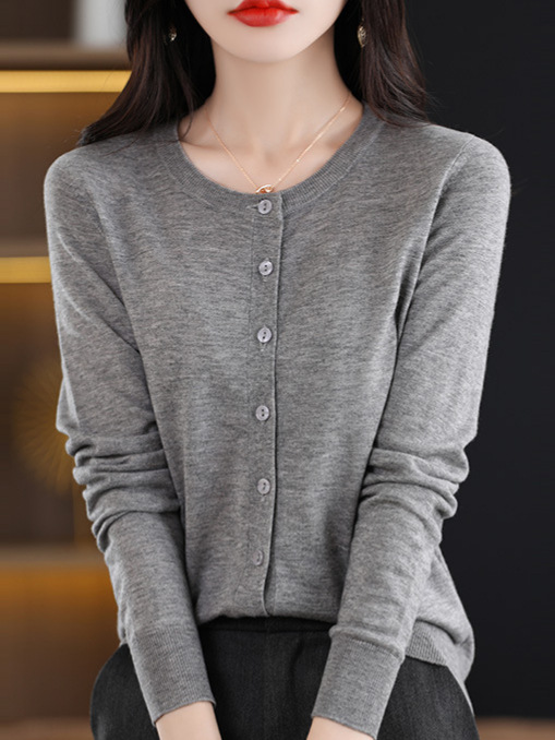 Gray Elegant Long-Sleeved Woolen Sweater Knitted Cardigan Women's Thin 2025 Early Autum Top Round Neck Sweater Jacket