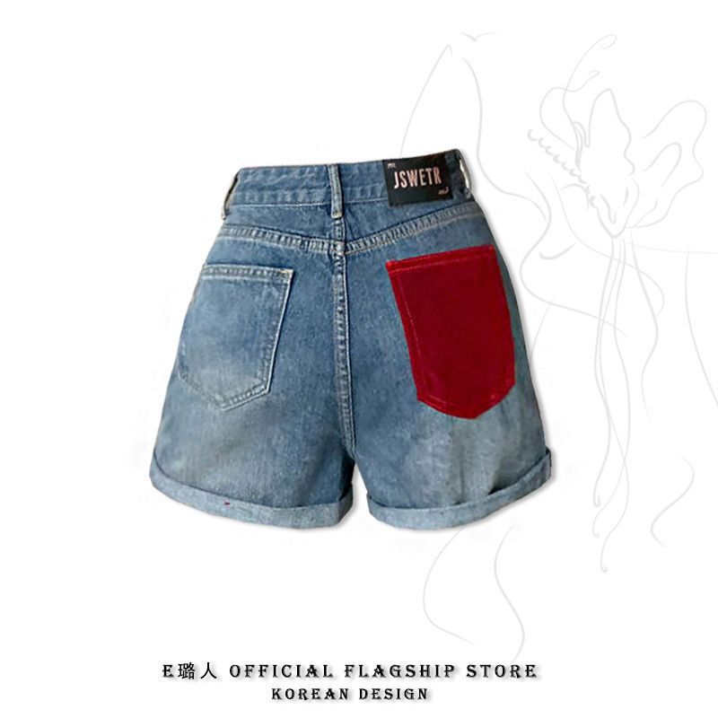 2024 Hong Kong Style plus size Chubby New Arrival Curl Denim Shorts Women's High Waist Contrast Color Pear Shape Figure Wide Leg Trendy Hot Pants