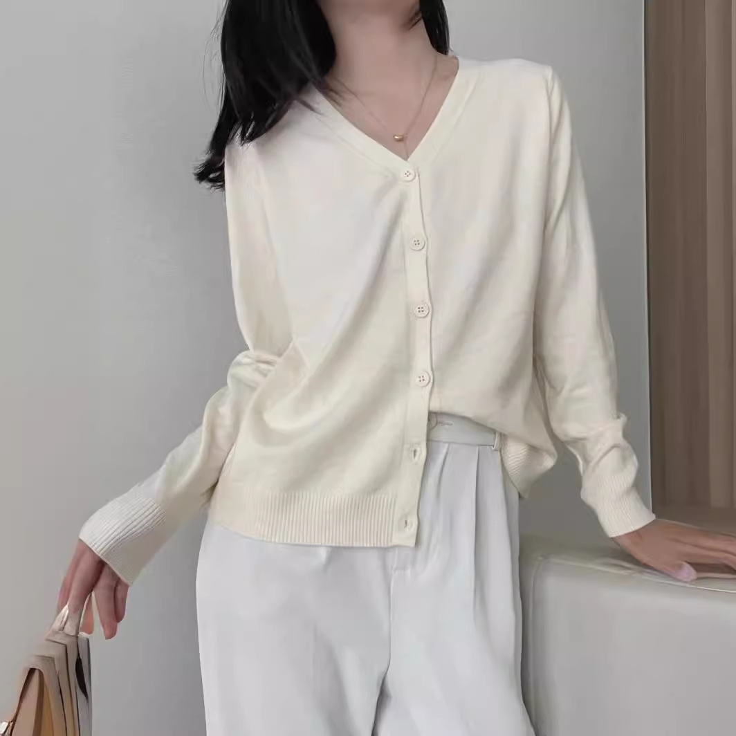 Picture of V-neck single-breasted knitted cardigan women's solid color sweater women's coat autumn and winter New lazy style loose coat women