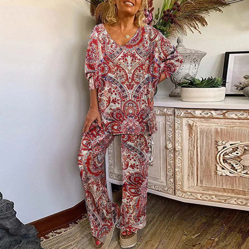 Picture of Floral V-neck Top Elastic Waist Loose Casual Pants Women's Spring suit Elegant Long Sleeve Bohemian Clothing