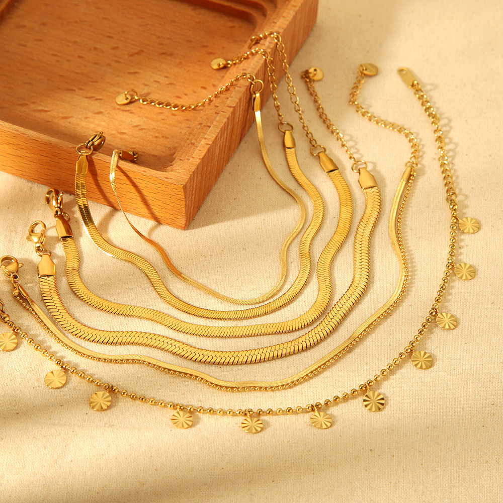 Cross-border Hot Selling European and American INS Foot Chain 18K Gold Stainless Steel Foundation Flat Snake Chain Bead Chain Thin Foot Chain Women's Foot Chain