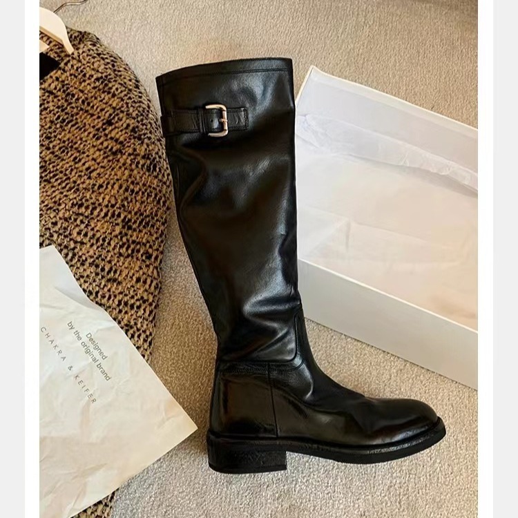 Grape Mom's Same Style Washed Horsehide Belt Buckle Thick-Soled Mid-High Knight Boots for Women over the Knee Boots 2025 Autumn and Winter