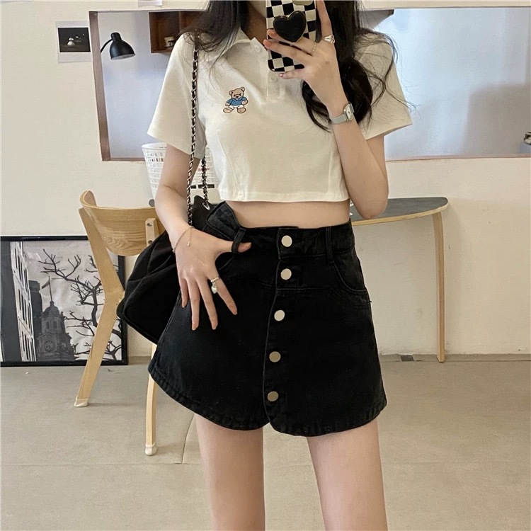 plus size High Waist Design Buckle Denim Skirt Women's Summer New Loose Slim A- line Hip Short Culottes
