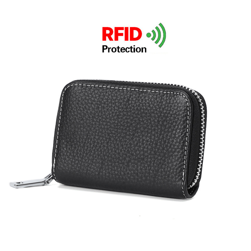 Picture of Zipper card holder unisex first layer cowhide rfid anti-theft brush magnetic leather female card holder