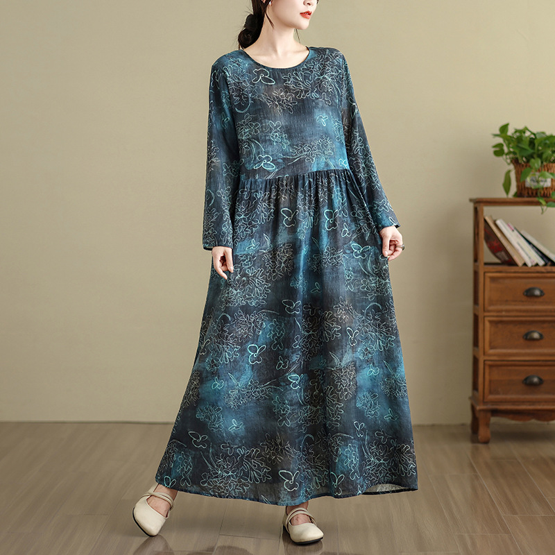 2025 Early Autumn New Floral Vacation Style Travel Crew Neck Vintage Long Dress Covers Flesh Cotton-Linen Dress