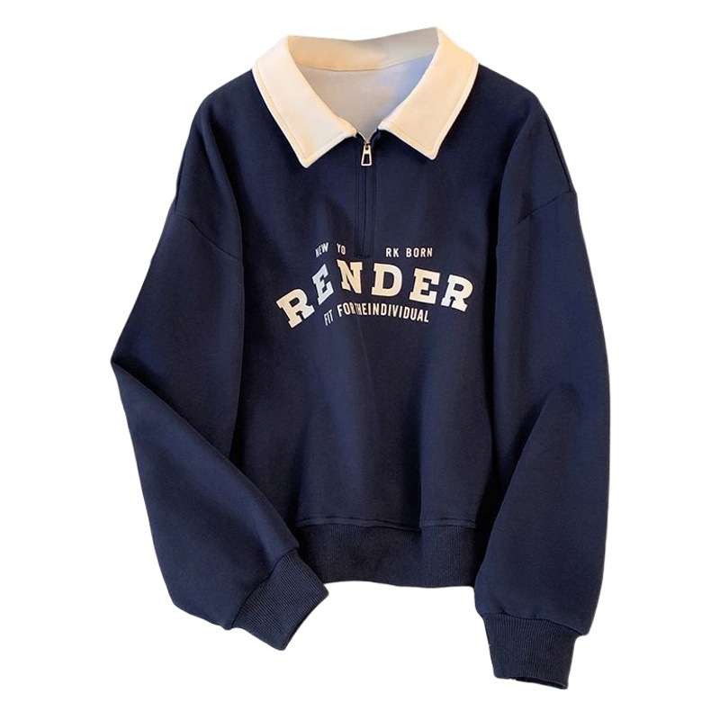 Polo Collar Sweatshirt for Women 2024 Spring & Fall New Color-Blocked Long-Sleeved Thin Sweatshirt for Female Students Tops and Jackets for Export