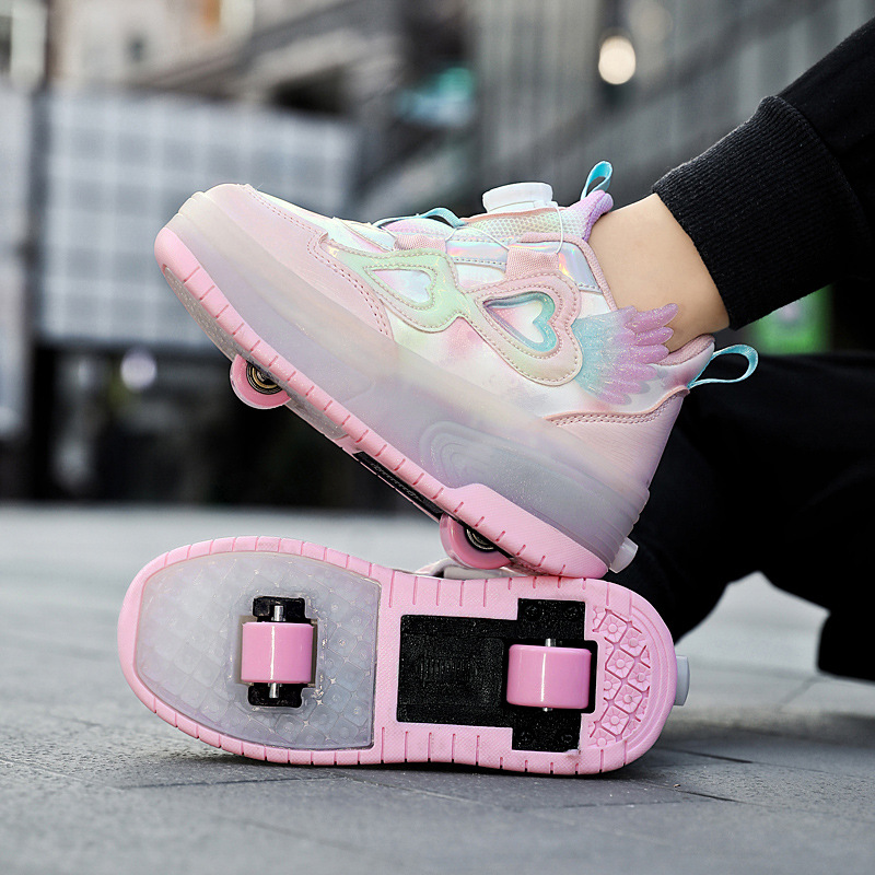 Girls' walking shoes double-wheel retractable flashing light roller skates children's deformation skates primary school students' shoes with wheels